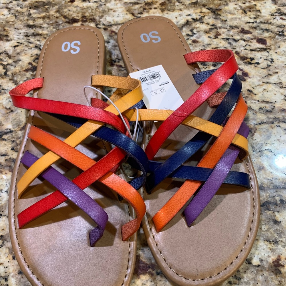 SO Multicolor Strappy Flat Sandals - Red, Orange, Yellow, Blue, Purple